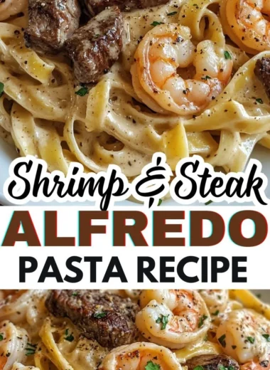 Delicious Cajun shrimp and steak Alfredo pasta served in a creamy sauce