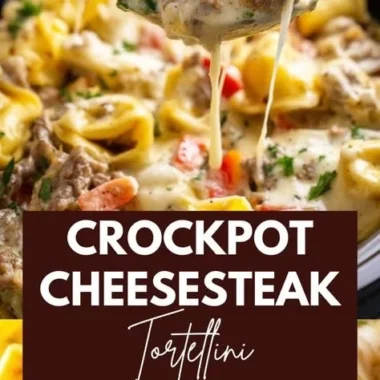 Crock Pot Cheesesteak Tortellini cooked with peppers and onions