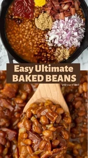 Delicious bowl of easy ultimate baked beans topped with herbs