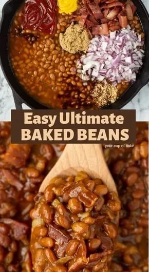 Delicious bowl of easy ultimate baked beans topped with herbs
