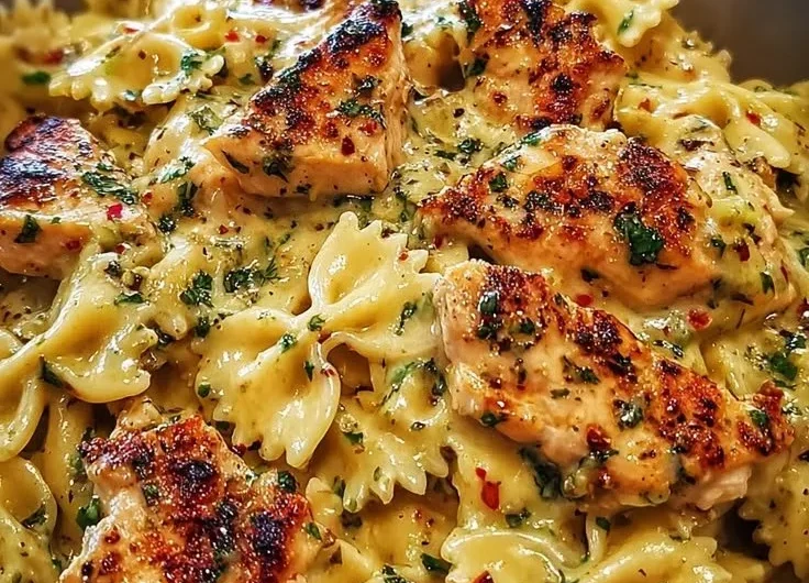Bowties with Mozzarella Garlic Butter Chicken in creamy sauce