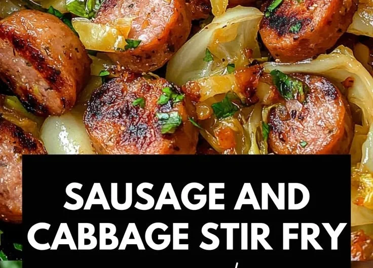 Sausage and cabbage stir fry in a skillet with colorful vegetables