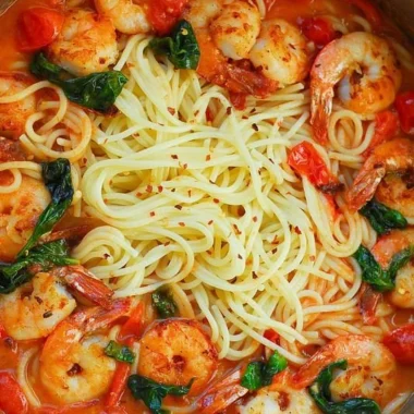Plate of shrimp pasta with garlic basil tomato sauce garnished with fresh herbs