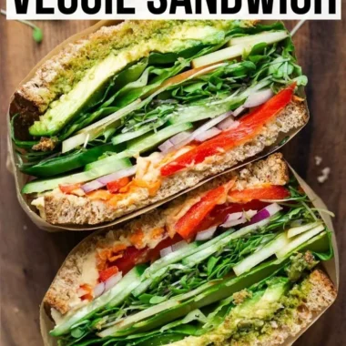 Delicious veggie sandwich with fresh vegetables and toppings on whole grain bread