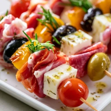 Colorful appetizer skewers with a variety of meats and vegetables.