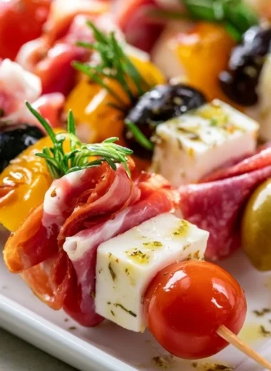 Colorful appetizer skewers with a variety of meats and vegetables.