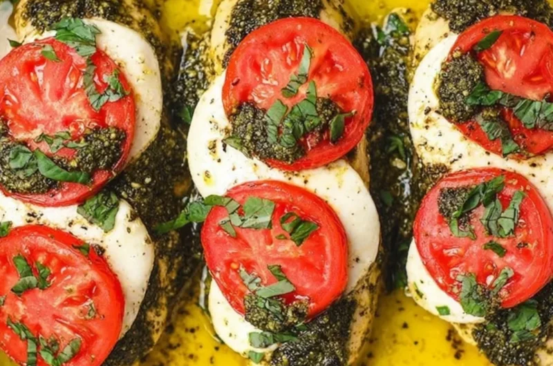 Basil pesto tomato mozzarella chicken bake served on a plate