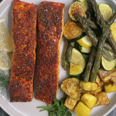 Delicious oven baked salmon fillet garnished with herbs and lemon