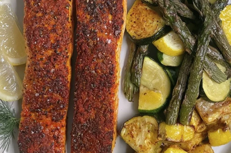 Delicious oven baked salmon fillet garnished with herbs and lemon