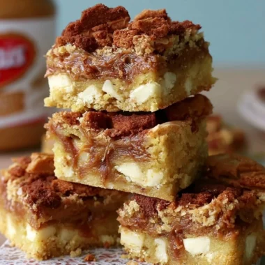 Delicious Biscoff blondies with white chocolate chips on a plate