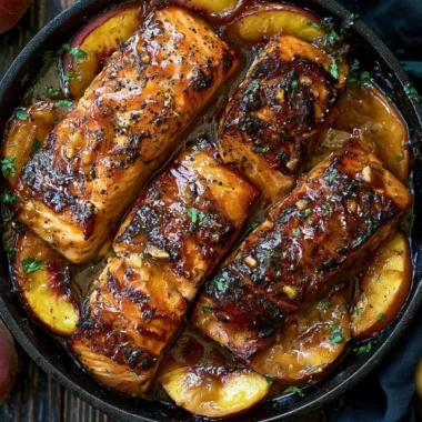 Bourbon Peach Roasted Salmon with fresh peaches and herbs on a plate
