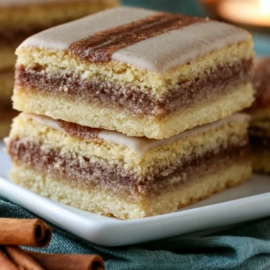 Delicious Brown Sugar Cinnamon Pop Tart Bars topped with frosting and cinnamon sugar.