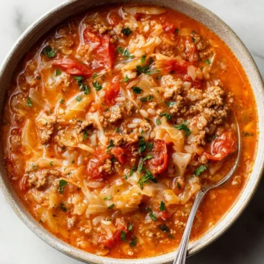 Delicious bowl of cabbage roll soup filled with savory ingredients