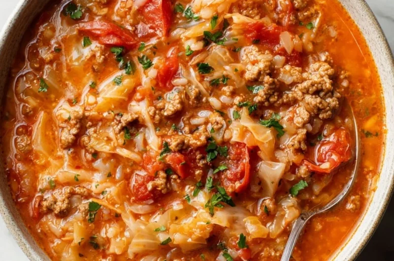 Delicious bowl of cabbage roll soup filled with savory ingredients
