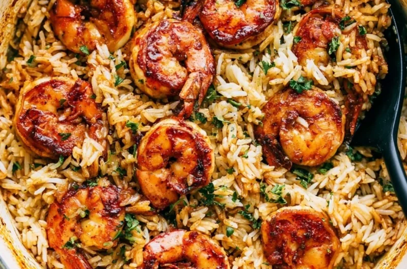 Delicious Cajun shrimp served over fluffy rice for a flavorful meal.