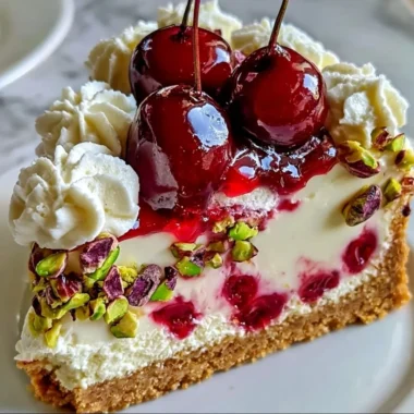 Delicious Cherry Pistachio Cheesecake topped with cherries and pistachios