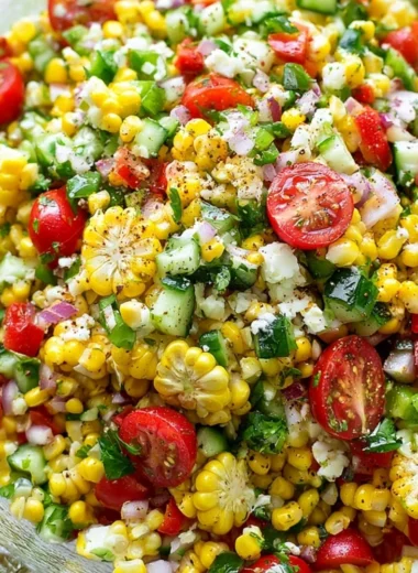 Colorful corn salad with fresh vegetables and herbs served in a bowl