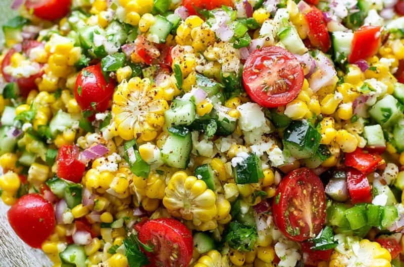 Colorful corn salad with fresh vegetables and herbs served in a bowl