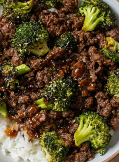 Delicious ground beef and broccoli dish served in a cozy setting.
