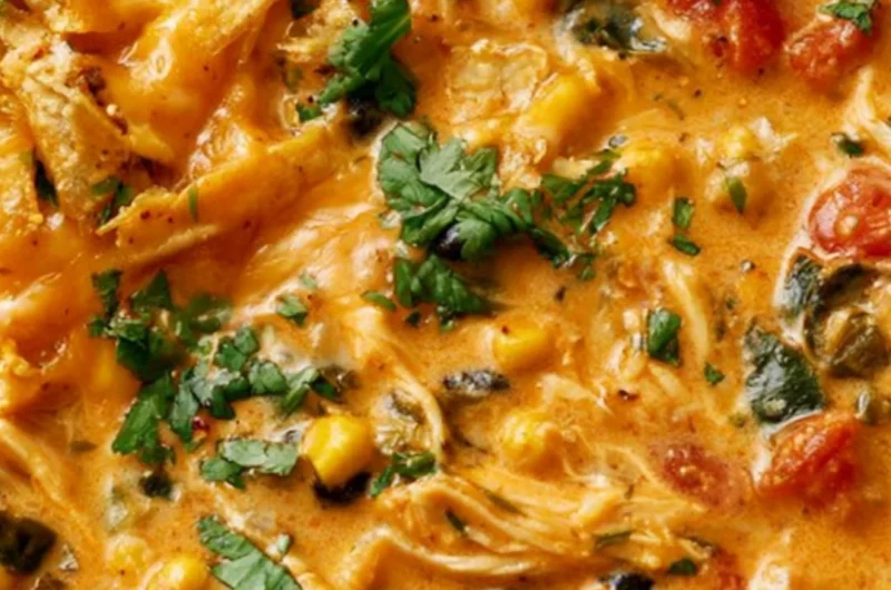 Bowl of creamy chicken tortilla soup with tortilla strips and toppings