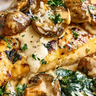 Creamy Parmesan keto chicken dish with spinach and mushrooms