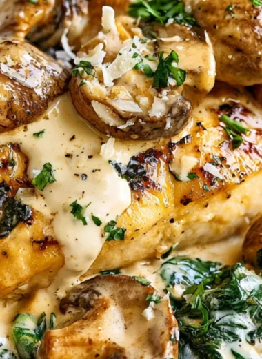 Creamy Parmesan keto chicken dish with spinach and mushrooms