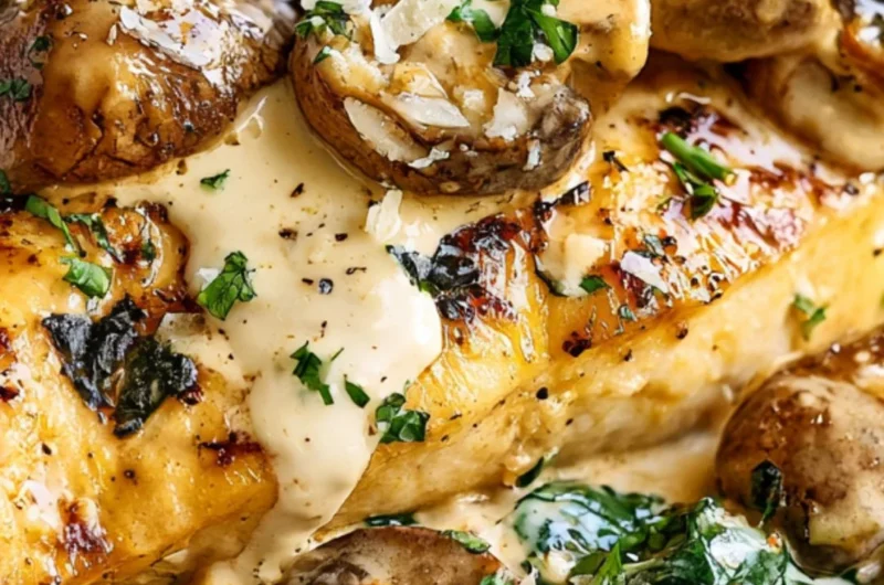 Creamy Parmesan keto chicken dish with spinach and mushrooms