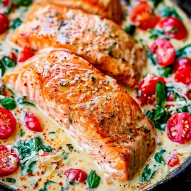 Creamy Tuscan salmon dish with spinach and sun-dried tomatoes