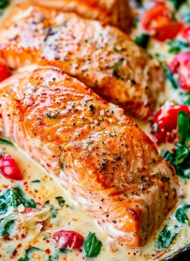 Creamy Tuscan salmon dish with spinach and sun-dried tomatoes