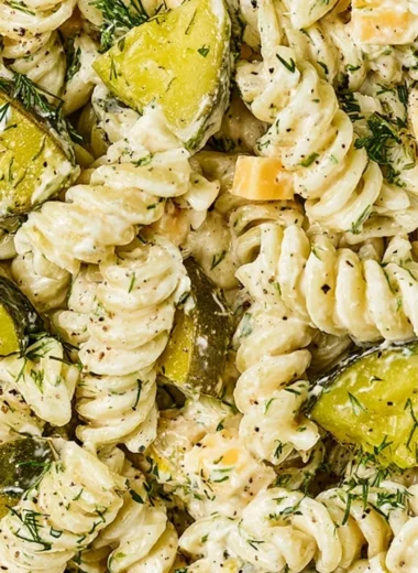 Delicious Dill Pickle Pasta Salad with fresh ingredients served in a bowl