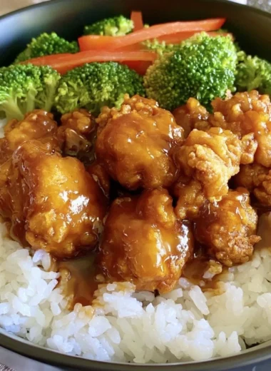 Plate of easy orange chicken garnished with sesame seeds and green onions