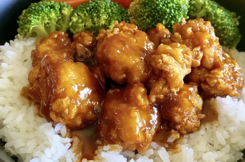 Plate of easy orange chicken garnished with sesame seeds and green onions