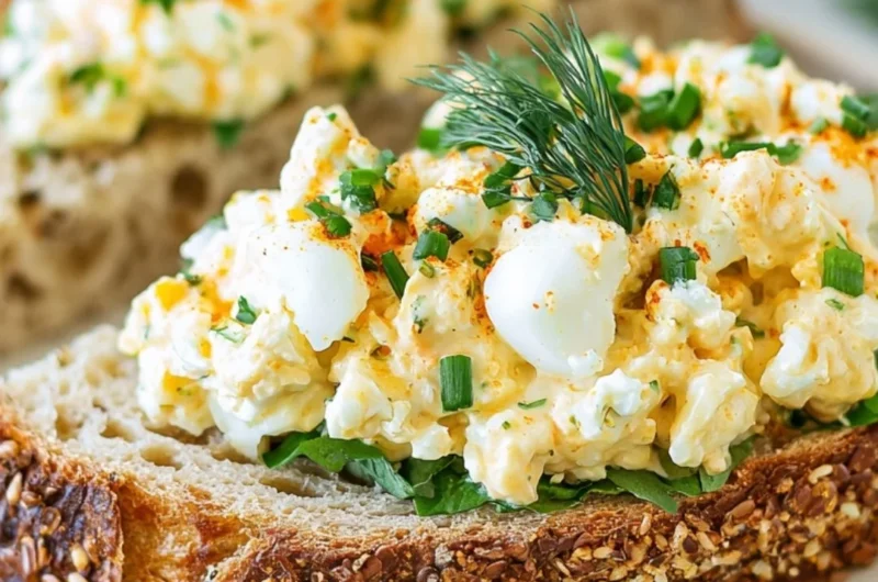Creamy egg salad with dill in a bowl, garnished and ready to serve.
