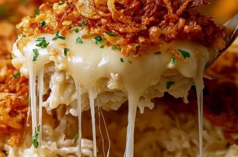Delicious French Onion Chicken Rice served on a plate garnished with herbs.