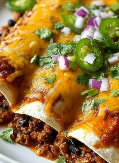 Plate of Ground Turkey Black Bean Enchiladas topped with fresh cilantro