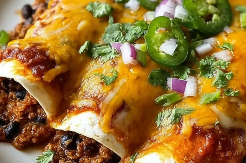 Plate of Ground Turkey Black Bean Enchiladas topped with fresh cilantro