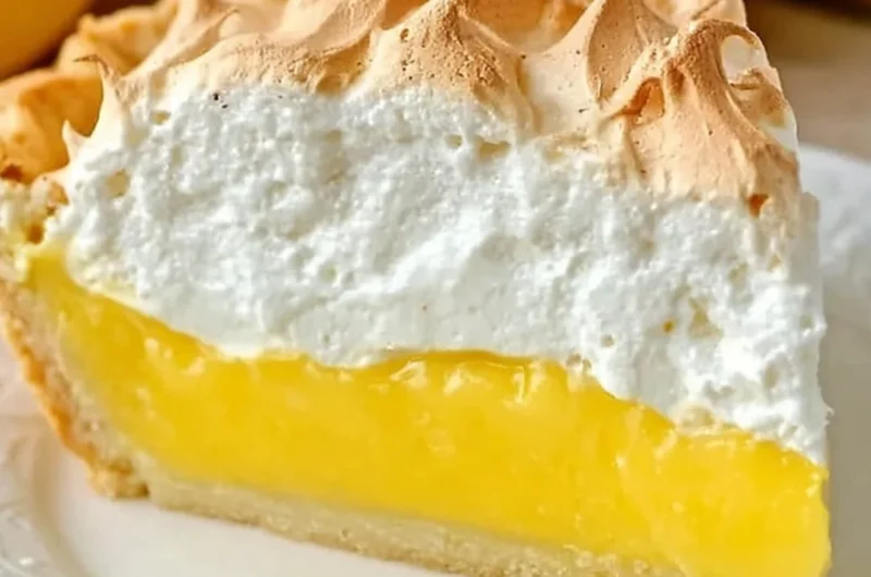Homemade lemon meringue pie with fluffy meringue topping and lemon filling