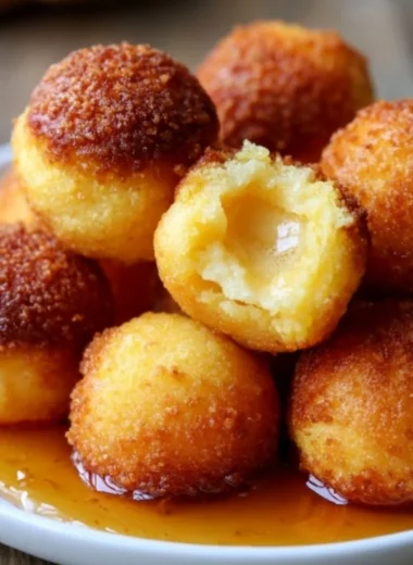 Honey Butter Cornbread Poppers served on a plate with honey drizzle