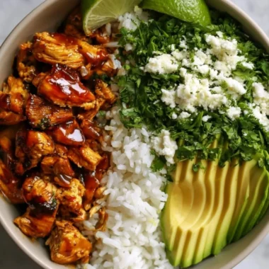 Honey Lime Chicken served with Avocado Rice Bowl, a healthy dinner option.