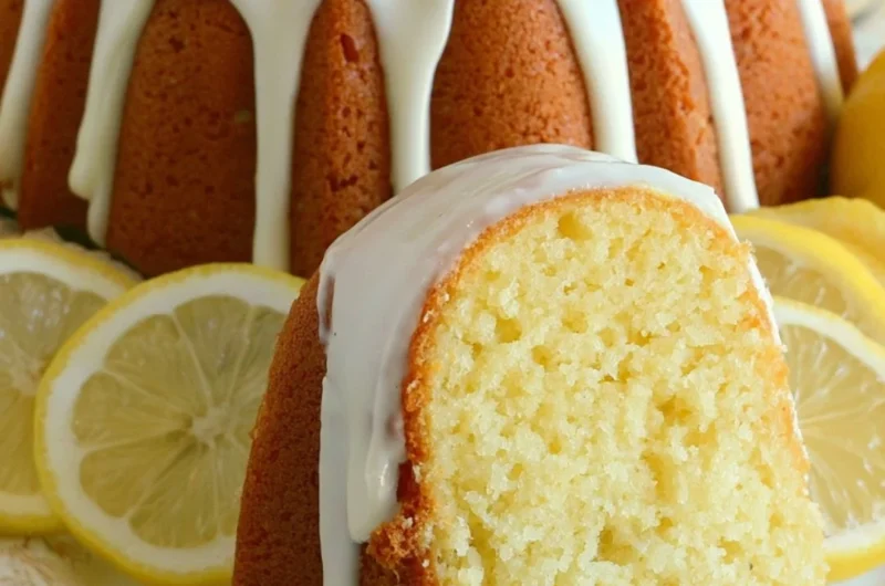 Slice of Italian lemon pound cake with lemon zest garnish