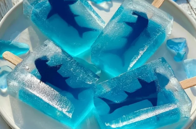 Colorful Jiggly Shark Pops displayed on a plate for a fun ocean-themed treat.