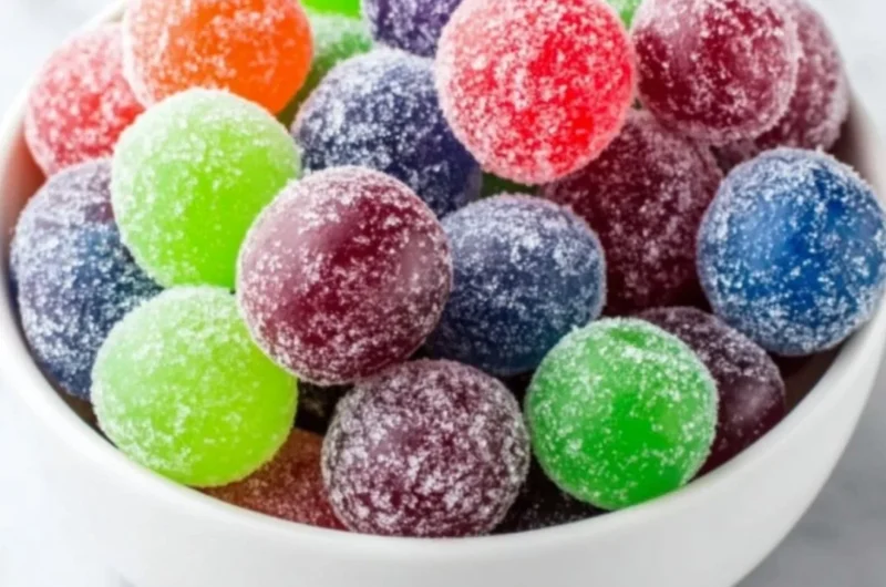 A bowl of bright green Kool-Aid Grapes, a colorful snack recipe for kids.