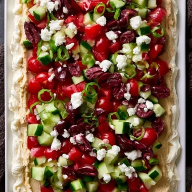 Delicious Layered Greek Dip served with pita chips and fresh veggies