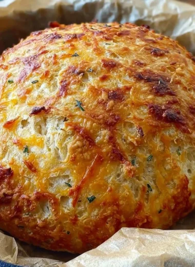 Freshly baked no knead cheddar bread with melted cheese