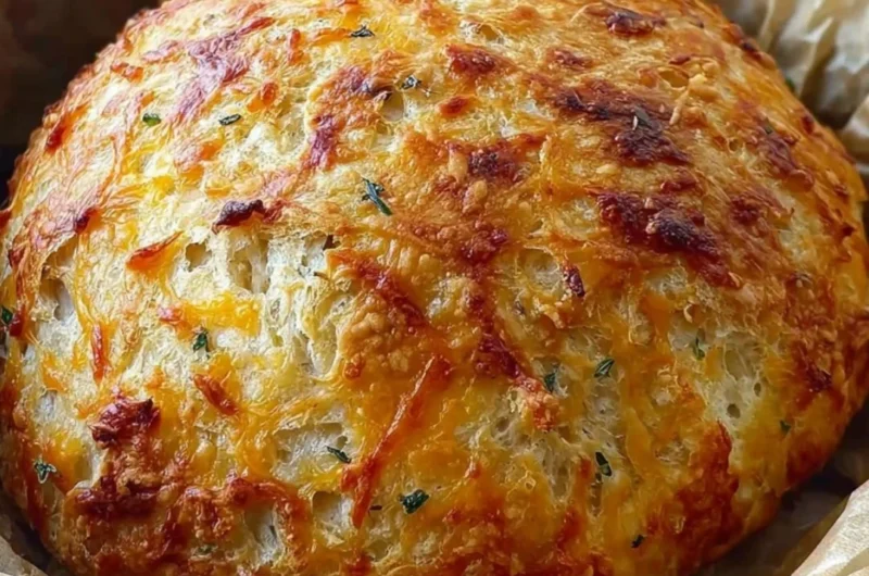 Freshly baked no knead cheddar bread with melted cheese