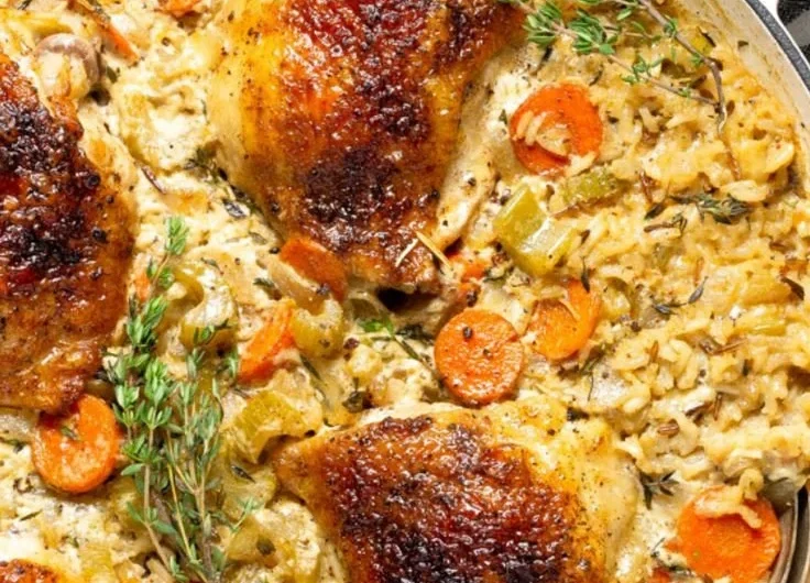 One Pan Chicken Rice Casserole with tender chicken and rice topped with vegetables