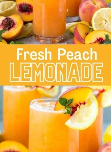 Refreshing Peach Lemonade in a glass garnished with lemon slices and mint leaves