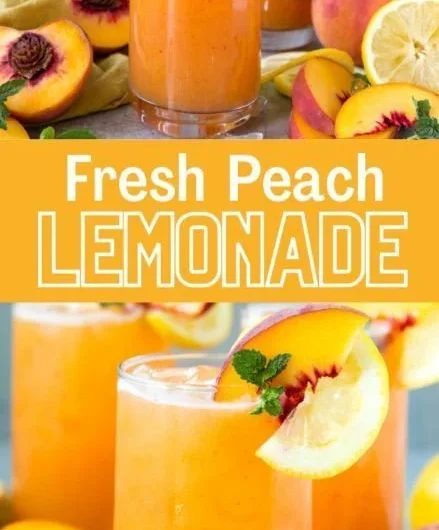 Refreshing Peach Lemonade in a glass garnished with lemon slices and mint leaves