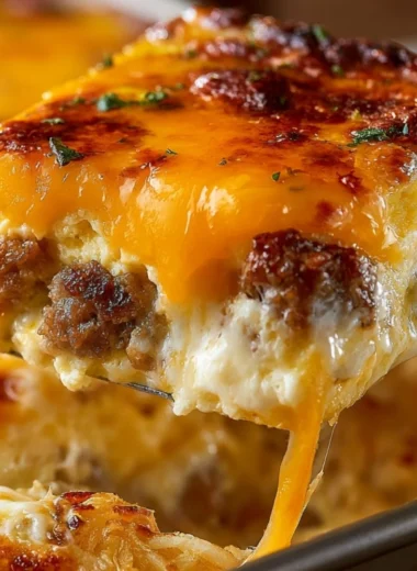 Sausage, Egg, and Cream Cheese Hashbrown Casserole served in a baking dish.