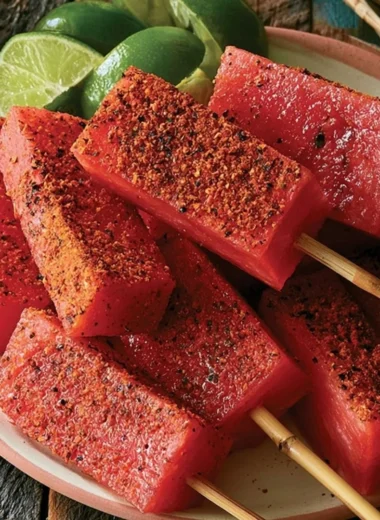 Delicious spicy melon skewers served on a platter
